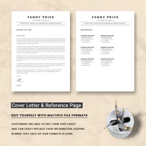 May include: A black and white cover letter and reference page template for a college student. The template includes a cover letter with a sample letter and a reference page with sample information. The text on the page reads "Cover Letter & Reference Page" and "Edit Yourself with Multiple File Formats".