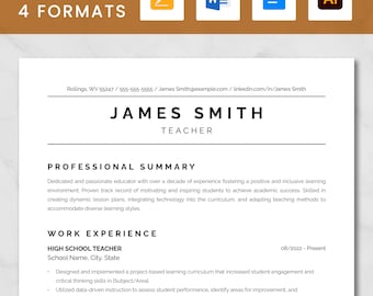 Szablon CV nowoczesnego nauczyciela ATS Word, Dokumenty Google | CV nauczyciela, CV nauczyciela szkoły podstawowej z okładką później, CV edukacyjne CV