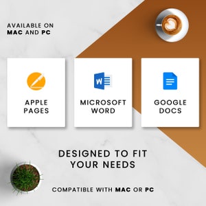 K&ouml;nnte beinhalten: Ein wei&szlig;er Hintergrund mit drei wei&szlig;en Quadraten, jedes mit einem anderen Logo und Text. Das erste Quadrat hat einen gelben Kreis mit einem Stift und einer Linie und den Text "APPLE PAGES". Das zweite Quadrat hat ein blaues "W" mit Linien und den Text "MICROSOFT WORD". Das dritte Quadrat hat ein blaues Dokumentsymbol mit Linien und den Text "GOOGLE DOCS". Unter den Quadraten befindet sich der Text "DESIGNED TO FIT YOUR NEEDS" und "COMPATIBLE WITH MAC OR PC".