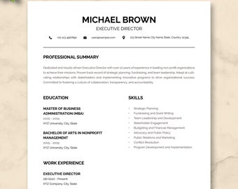 May include: A black and white resume template with the title "ATS Friendly Resume Template" and the name "MICHAEL BROWN" in bold, followed by "Executive Director". The resume includes contact information, a professional summary, education, skills, and work experience.