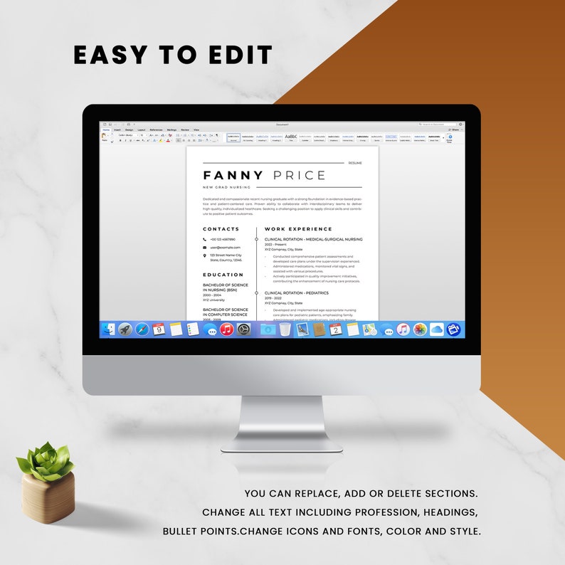 K&ouml;nnte beinhalten: Ein Computerbildschirm zeigt eine Lebenslaufvorlage mit dem Text "EASY TO EDIT" oben und "FANNY PRICE" als Name. Die Lebenslaufvorlage ist anpassbar und enth&auml;lt Abschnitte f&uuml;r Kontaktinformationen, Berufserfahrung und Ausbildung. Der Text am unteren Bildschirmrand lautet "YOU CAN REPLACE, ADD OR DELETE SECTIONS. CHANGE ALL TEXT INCLUDING PROFESSION, HEADINGS, BULLET POINTS.CHANGE ICONS AND FONTS, COLOR AND STYLE."
