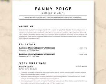 ATS-compatibele CV-sjabloon voor studenten Microsoft Word & Google Docs, CV voor middelbare scholieren, stage-cv, studenten-CV