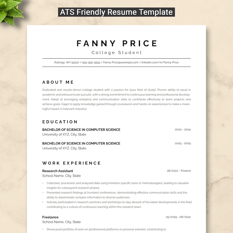 May include: A black and white resume template with the name Fanny Price and the title College Student. The resume includes contact information, a summary of qualifications, education, and work experience.