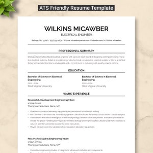 Może przedstawiać: Czarno-biały szablon CV z tytułem "ATS Friendly Resume Template" i nazwiskiem "Wilkins Micawber" w większej czcionce. CV zawiera tytuł stanowiska "Inżynier elektryk" oraz dane kontaktowe, podsumowanie zawodowe, wykształcenie i doświadczenie zawodowe.