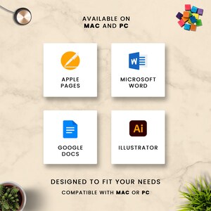 May include: A graphic showing four different software programs that are compatible with both Mac and PC computers. The programs are Apple Pages, Microsoft Word, Google Docs, and Adobe Illustrator. The graphic is on a light brown background with a small plant in the bottom left corner and a pile of colorful blocks in the top right corner.