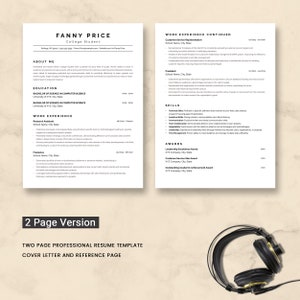 May include: A two-page professional resume template with a cover letter and reference page. The resume is for a college student named Fanny Price. The resume includes sections for about me, education, work experience, skills, and awards.