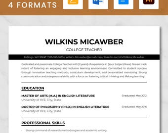 Plantilla de currículum de profesor universitario compatible con ATS en Word, Google Docs y Mac Pages/ Plantilla de currículum de profesor moderno, plantilla de CV de profesor