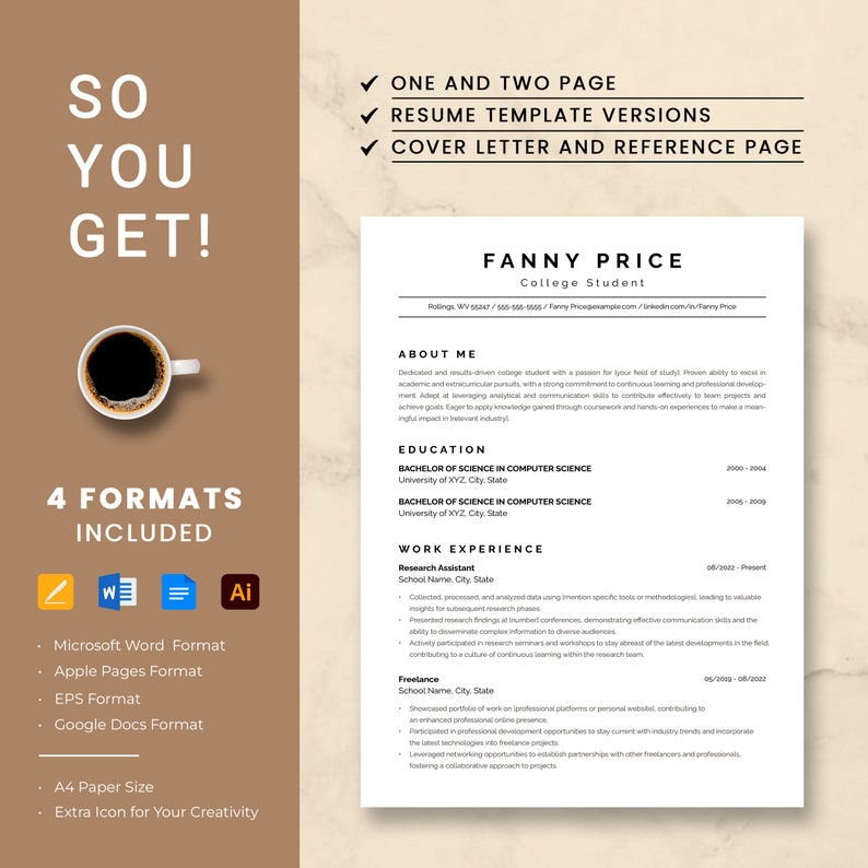 May include: A resume template with a modern design, featuring a blue and white color scheme. The template includes sections for "About Me", "Education", "Work Experience", and "Freelance". The template is available in four formats: Microsoft Word, Apple Pages, EPS, and Google Docs. The template also includes an A4 paper size and an extra icon for creativity.