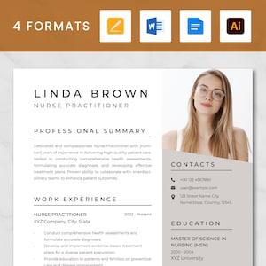 May include: A resume template with a professional headshot of a woman wearing glasses. The resume is for a Nurse Practitioner named Linda Brown. The resume includes a professional summary, work experience, education, and contact information.
