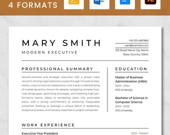 May include: A modern resume template with a black and white color scheme. The resume is for Mary Smith, a Modern Executive. The resume includes a professional summary, work experience, and education sections. The resume is formatted with bold headings and bullet points.