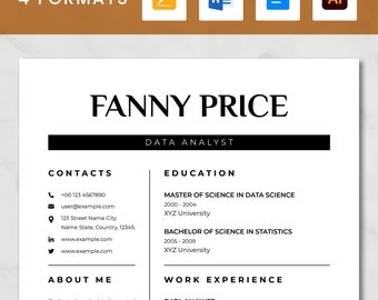 Data Analyst Resume Template for Word and Google Docs, Data Scientist Resume, Cover Letter, and Reference Page, Modern Resume