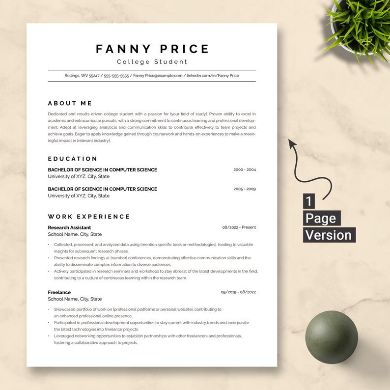 May include: A black and white resume template with the name Fanny Price at the top. The resume includes sections for About Me, Education, and Work Experience. The resume is formatted with a one-page layout.