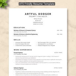May include: A resume for a prompt engineer named Artful Dodger. The resume includes education, skills, and work experience. The contact information includes a phone number, email address, and LinkedIn profile URL.