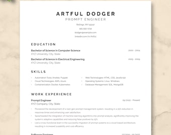 ATS Friendly ChatGPT Prompt Engineer Resume Template Word, Google Docs | Tech Resume Template, Technology Resume Software Engineer Cv