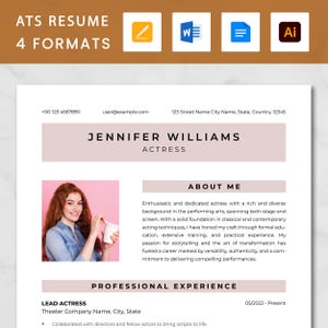 May include: A resume template designed for an actress. The template includes a professional headshot, contact details, a section for professional experience, and a section for skills and abilities. The template is easy to customise and print.