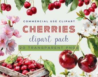 Watercolour Cherry Clipart Bundle, Coquette Cherry Clipart, Cute Cherries Clipart, Berries Clipart, Cherry Blossom Clipart, Cute Fruit PNG