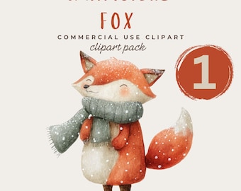 Winter Fox Watercolour Clipart, Forest Animals Clipart, Woodland Animal Clipart, Nursery Clipart, Baby Shower Clipart, Fox Fall Clipart