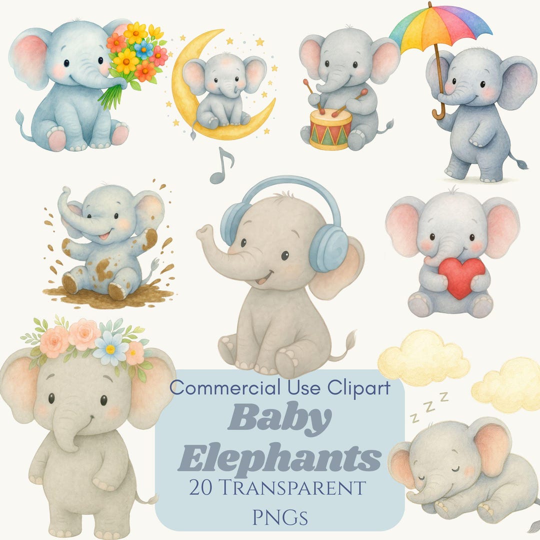 Baby Elephant Clipart Bundle, Cute Watercolour Baby Elephants PNG ...