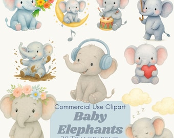 Baby Elephant Clipart Bundle, Cute Watercolour Baby Elephants PNG, Nursery Animals Decor, Sublimation, Commercial Use