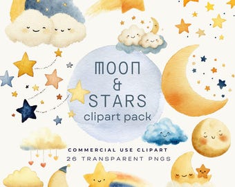 Imágenes prediseñadas de luna y estrellas para guardería, imágenes prediseñadas de acuarela, imágenes prediseñadas celestiales, imágenes prediseñadas kawaii de luna, nube y estrella, imágenes prediseñadas para invitaciones, uso comercial.
