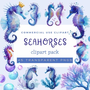 Imágenes prediseñadas de caballito de mar en acuarela, imágenes prediseñadas de animales del océano, criaturas marinas, burbujas PNG, imágenes prediseñadas de coral, paquete de imágenes submarinas