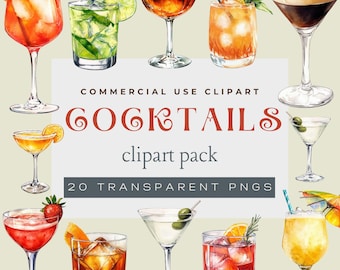 Watercolour Cocktail Drinks Clipart, Party Clipart, Drinks Clipart, Watercolour Drinks Clipart, Scrapbook Clipart, Invitation Clipart PNG