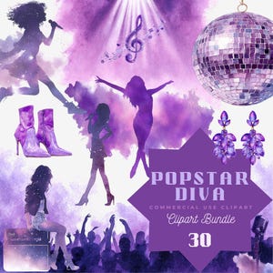以下が含まれることがあります： 紫と白のデジタルクリップアートバンドル、ポップスターをテーマにしたものです。画像には、歌手のシルエット、ハイヒールブーツ、ディスコボール、イヤリングが含まれています。テキストは「Popstar Diva Clipart Bundle 30」と表示されています。