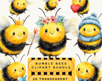 Bumble Bee Clipart Bundle, Watercolour Little Bee PNGs, Commercial Use, Transparent Background, 20 Images