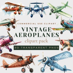 Transport Clipart – Vintage Airplane, Aircraft PNG Set, Retro Aeroplane Illustration, Aviation Watercolour Clipart - Antique Aircraft