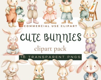 Watercolor Bunny Clipart Bundle: Pastel Rabbit Illustrations (PNG Digital Download)
