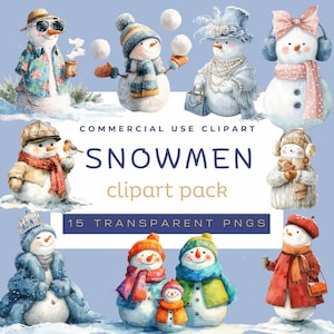 Snowman Clipart PNG Bundle, Winter Snowmen Illustrations, Cute Winter Clipart, 15 PNGs, Watercolour Snowpeople Clipart