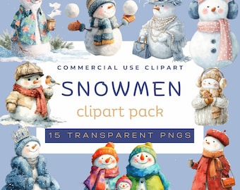 Clipart di pupazzi di neve invernali, pacchetto di pupazzi di neve stravaganti, clipart invernale carino, clipart invernale acquerello, clipart stagionale divertente, PNG trasparenti