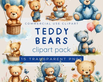 Teddybär Clipart Bundle, Aquarell blaue Bären PNG, Baby-Dusche-Grafiken, Kinderzimmer Kinder Tier PNG
