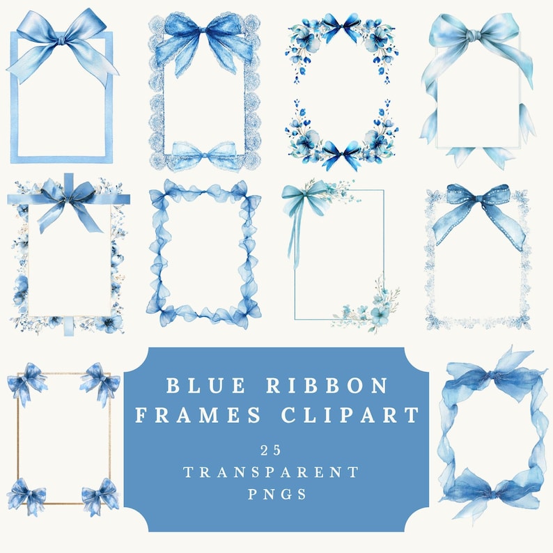 Blue Ribbon Frame Clipart PNG Bundle, Coquette Bow Border Set ...