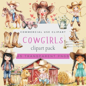 Bundle de cliparts cow-girl, Western Girls PNG, clipart fille de la ferme, graphiques de rodéo, cow-girl enfants Clipart, 25 PNG transparents