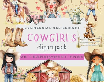 May include: A collection of watercolor cowgirl-themed clipart. The images include cowgirls, horses, a tractor, cowboy boots, a dog, a barn, and hay bales. Text reads "COWGIRLS clipart pack" and "25 TRANSPARENT PNGS".
