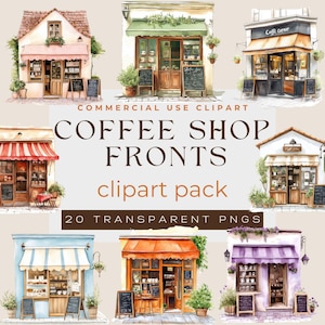 Watercolor Coffee Shop Clipart: Cozy Cafe Storefront PNG Images (Digital Download)