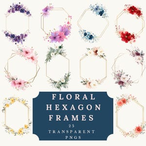 Op de afbeelding: Een verzameling van 12 aquarel bloemen zeshoekige frames in verschillende kleuren, waaronder paars, roze, rood en geel. Elk frame heeft een gouden omtrek en is versierd met bloemen en groen. De tekst luidt: "Floral Hexagon Frames 25 Transparent PNGs."