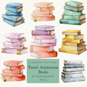 May include: Watercolor illustration of stacked books in various pastel colors, including blue, pink, peach, green, yellow, and gray. The books have gold-colored edges. The image includes text that reads "Pastel Academia Books" and "20 Transparent PNGs."