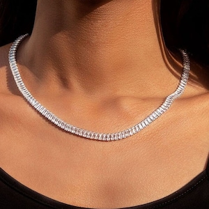 Łańcuszek z diamentami Baguette Tennis Moissanite, srebro próby 925, kolor VVS1 D, ICED OUT, błyszczący łańcuszek, ręcznie robiony, prezent walentynkowy dla niej.