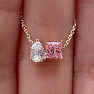 Toi Et Moi Necklace Pendant, Princess & Pear Cut Moissanite Stone Necklace, Two Stone Engagement Necklace, With Chain Pendant, Gift For Her