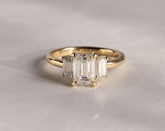 Emerald Cut Lab Grown Diamond Three-Stone Engagement Ring, Step-Cut Trilogy Ring, 14K Solid Yellow Gold Bridal Jewelry.