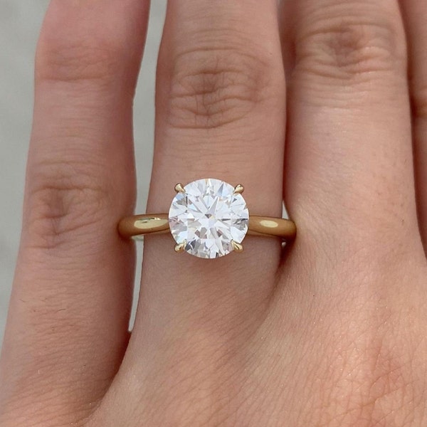 3.00 Ct Round Brilliant Cut Moissanite Engagement Ring, 14K Solid Yellow Gold Hidden Halo Ring, Proposal Ring, Anniversary Gift Ring For Her