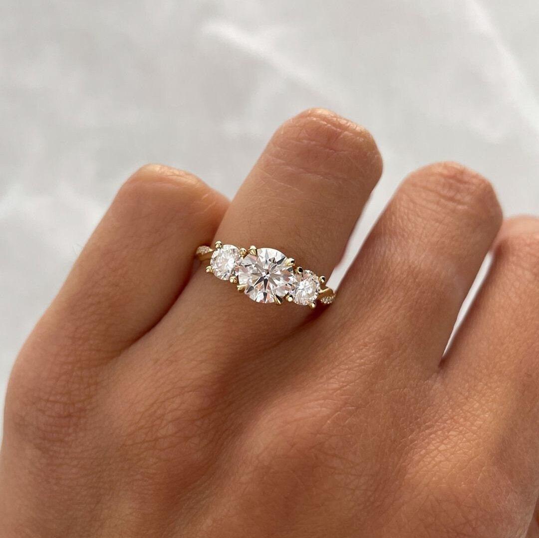 Lab Grown Round Diamond Three Stone Engagement Ring, 14K Gold Twisted ...