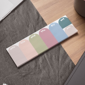 May include: A set of colourful sticky notes with the days of the week written on them. The notes are arranged in a row, with each note a different colour. The notes are on a wooden surface.