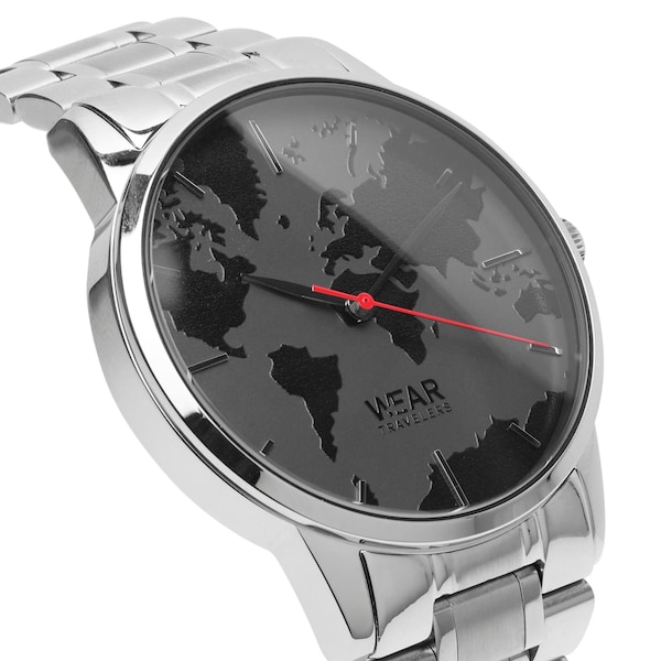 Montre-Bracelet pour Homme en Acier 326L étanche à la Carte du Monde - Idée Cadeau pour l'Homme voyageur - Blackworld