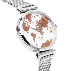 Damen 326 L Stahl und wasserdichte Weltkarte Armbanduhr - verstellbares Armband - Wanderlust Modell