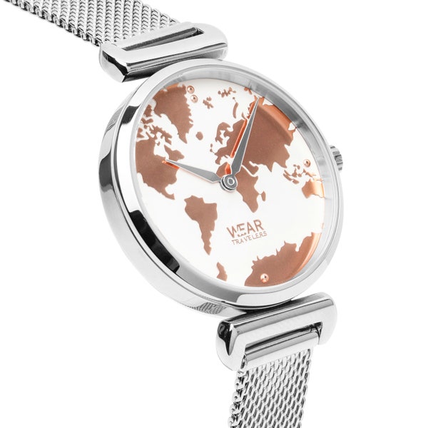 Montre-Bracelet 326 L en Acier et étanche pour Dames avec Carte du Monde - Bracelet ajustable - Modèle Wanderlust