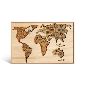 Carte du Monde avec motif Mandala - Tableau mural en bois 7 couches sculpté au laser avec décoration en poudre acrylique - 85 x 57 cm