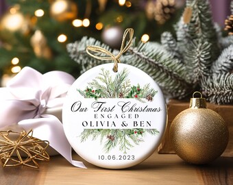 First Christmas Engaged Ornament - Personalized with Names and Date - Ceramic Ornament - Custom - Christmas Keepsake